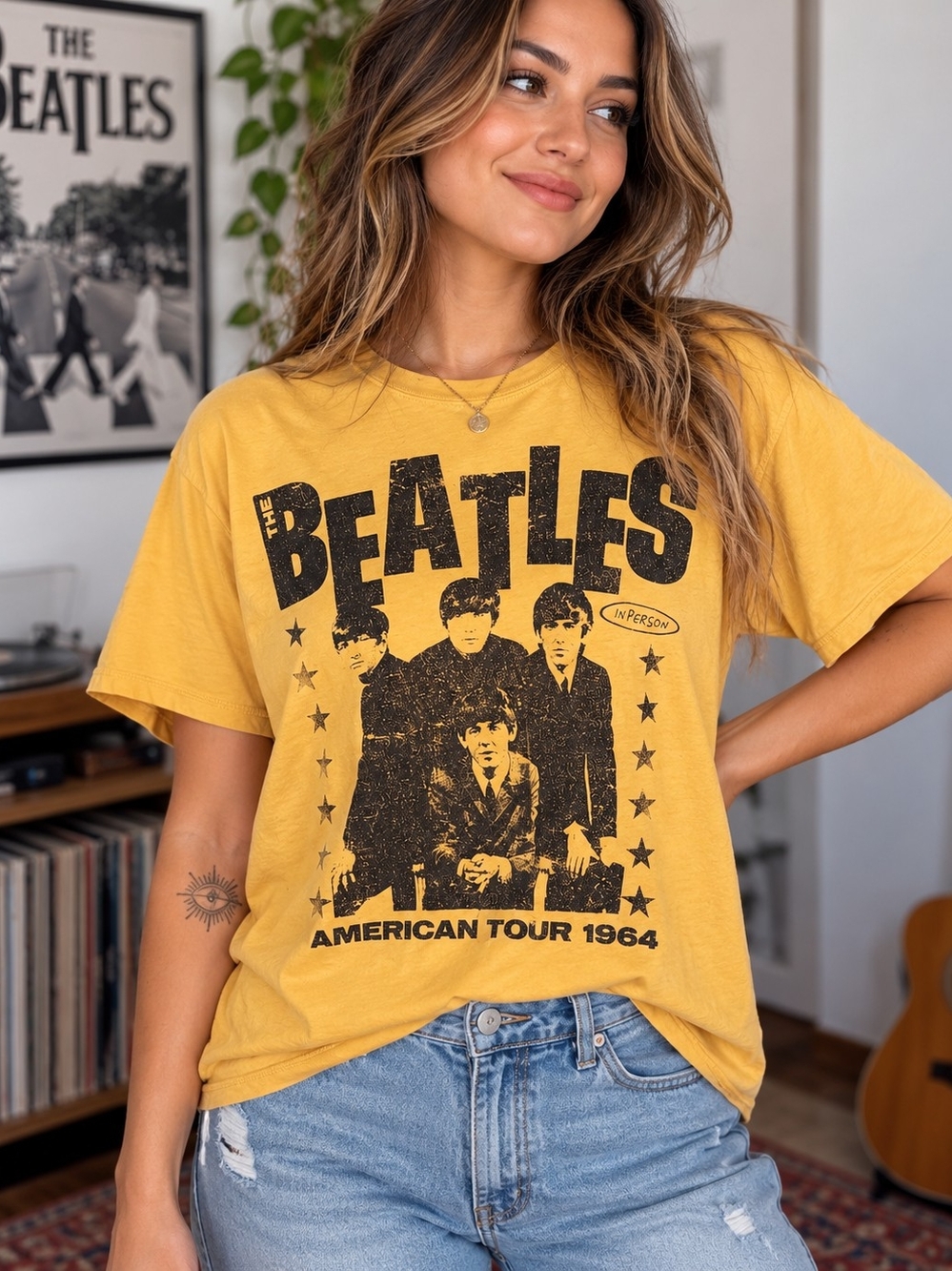 The Beatles American Tour 1964 Women's Size 3 Yellow Graphic T-Shirt Hybrid